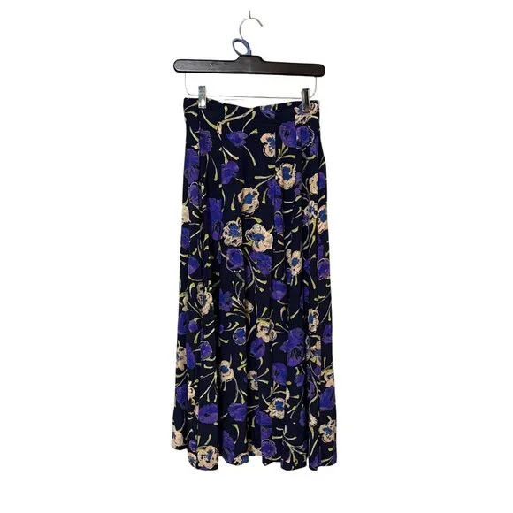 Vtg Maggie Lawrence Floral Maxi Skirt Elastic Waist Navy Purple USA Made - Picture 1 of 7